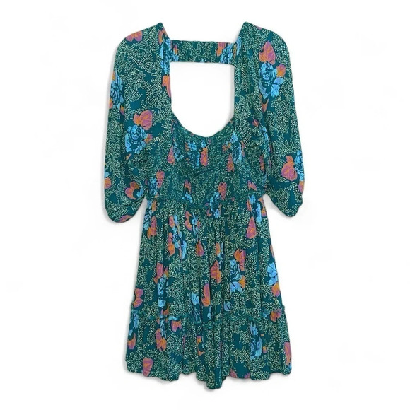 Free People Floral Dress Women’s S Green Open Back Puff Sleeve Smocked Summer - Picture 3 of 10